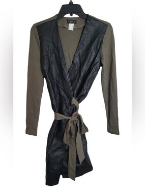 VENUS Black Faux Leather & Olive Green Tie-Waist Coatigan